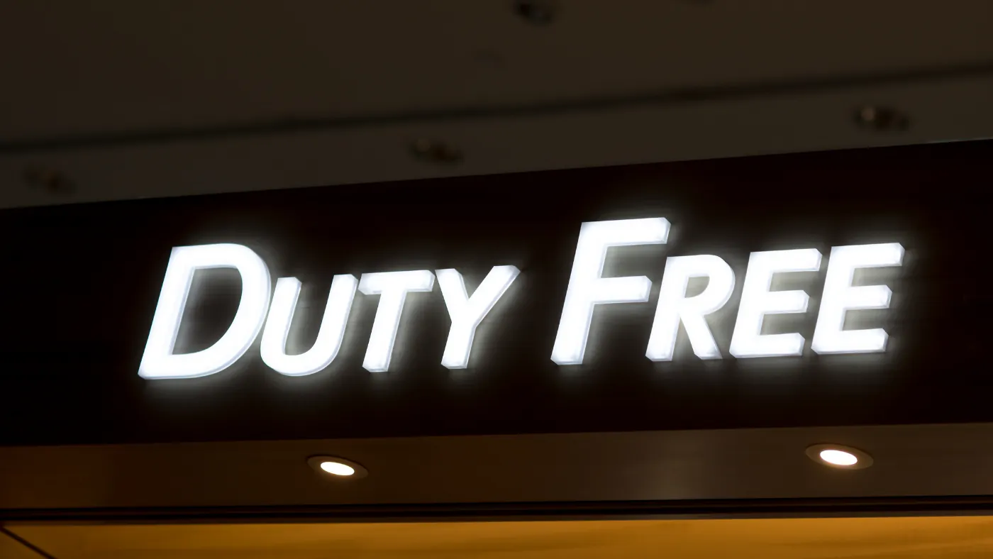 暗い天井の下で白く光る「DUTY FREE（免税）」の看板