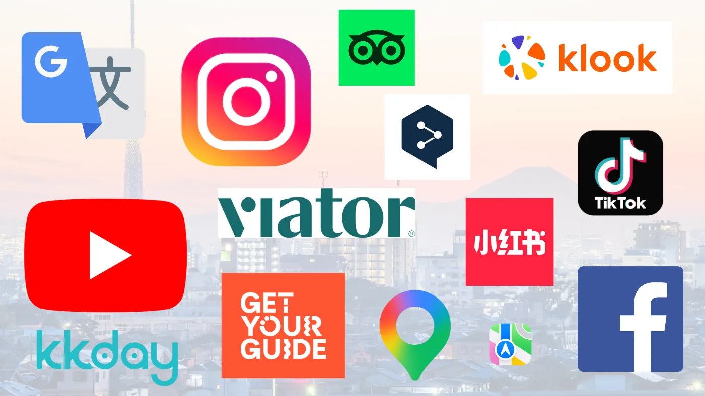 Googleマップ、Instagram、TikTok、Viator、Klook、KKday、GetYourGuideなど、インバウンド集客に使われるサービスのロゴが、街並みの写真の上に並んでいる