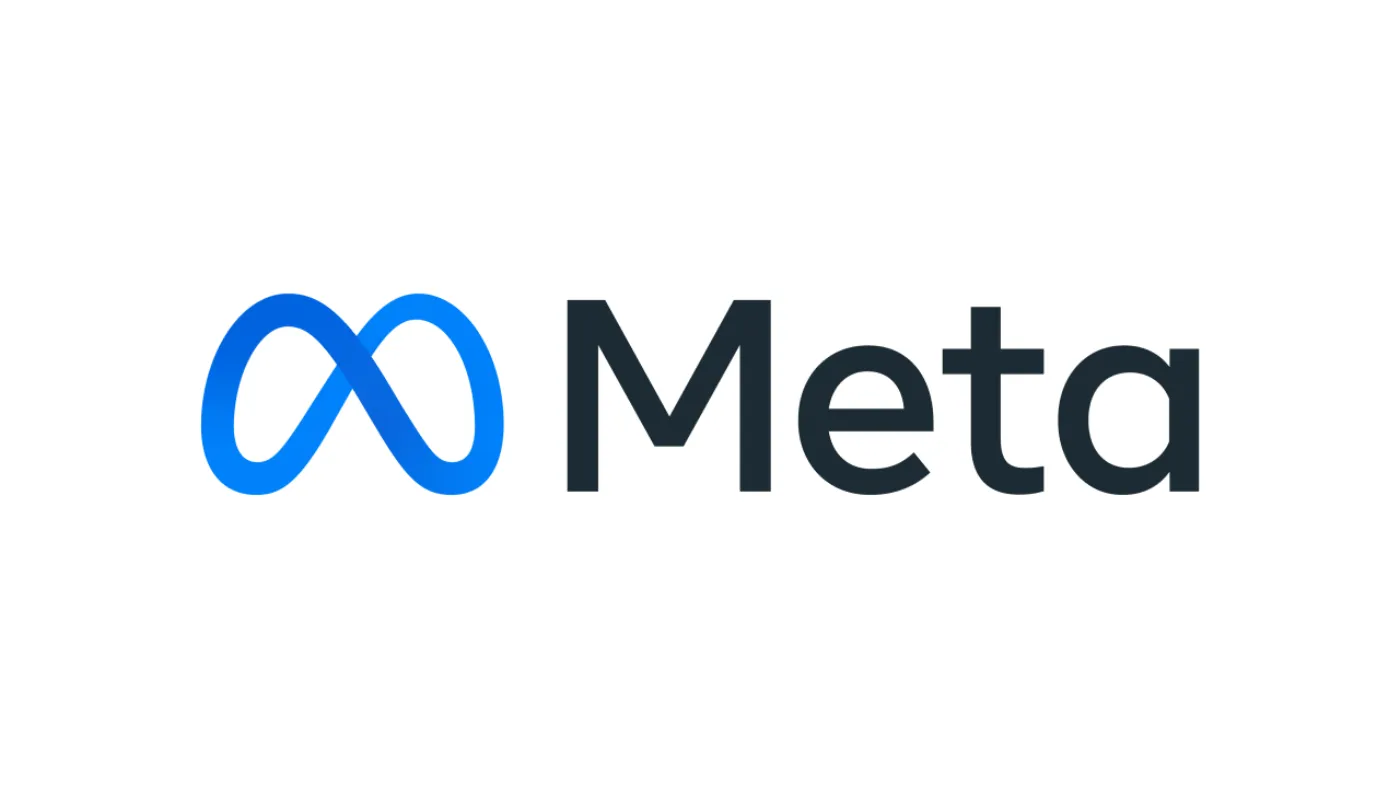 白い背景に、青い無限大の形の印と、黒い文字で書かれたMetaのロゴ