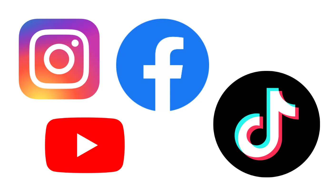 Instagram、Facebook、YouTube、TikTokのロゴ