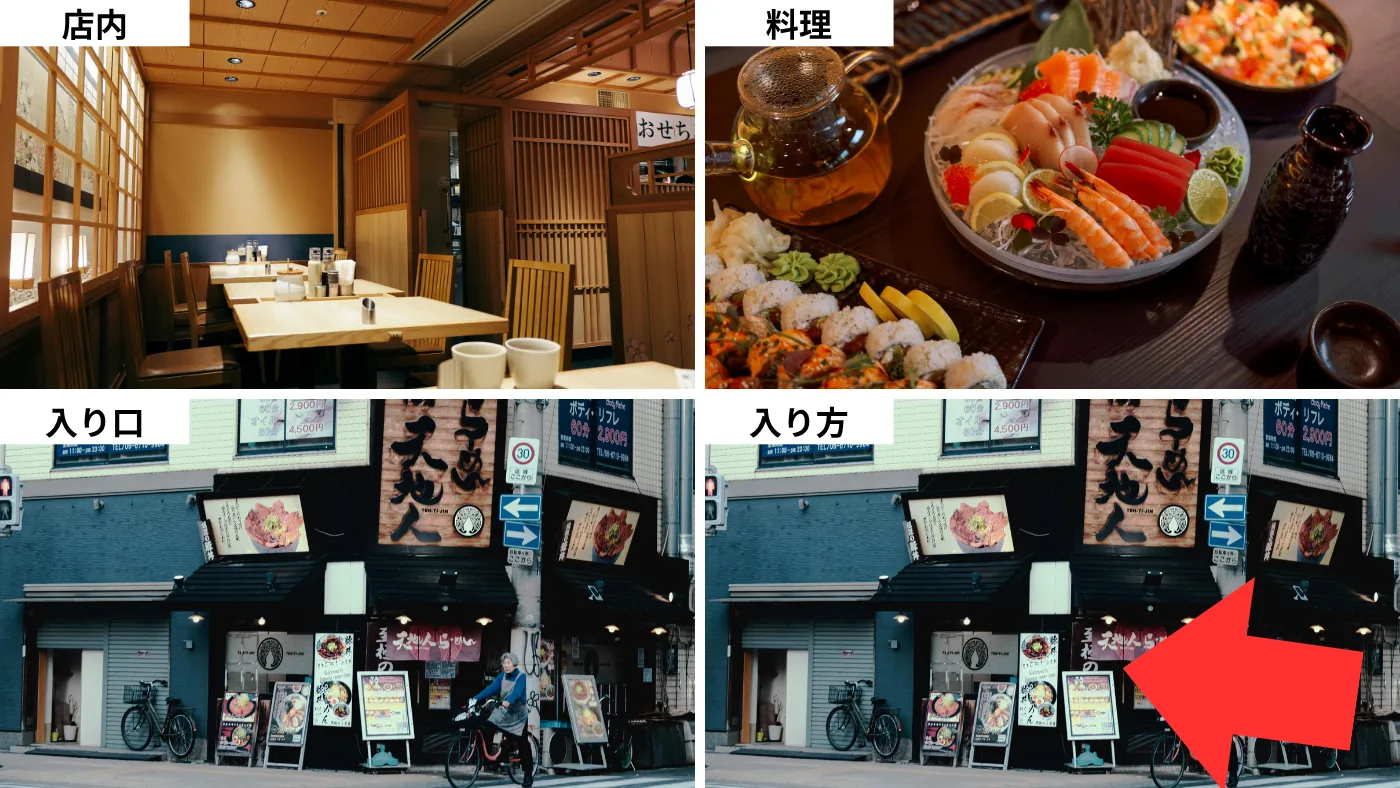 店内・料理・入り口・入り方の4枚を並べた見本。入り方の写真には赤い矢印で入口が示されている